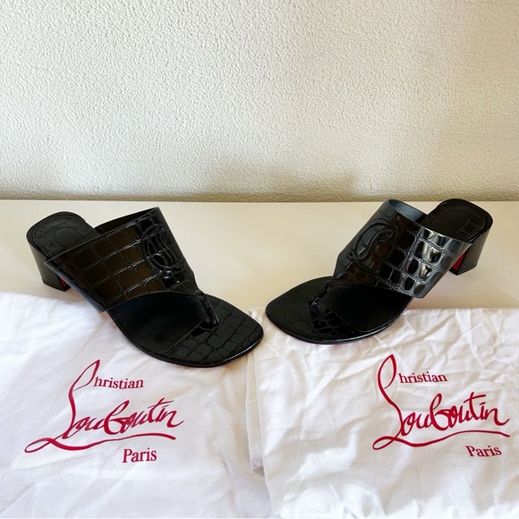 Christian Louboutin Tongamule Black Croc Embossed CL Logo Block Heels Size EU 39 - Picture 2 of 13
